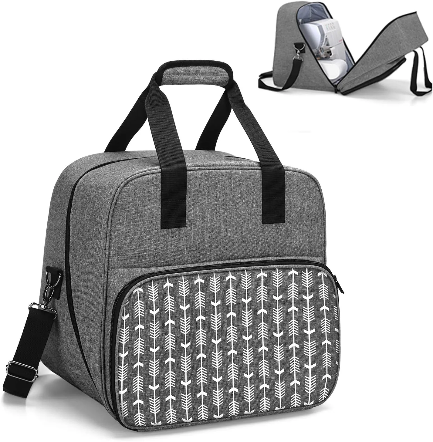 Yarwo Serger Machine Carrying Case with Bottom Wooden Board, Universal Overlock Sewing Machine Tote Bag Compatible with Most Standard Singer, Brother Serger, Gray with Arrow (Patent Pending)