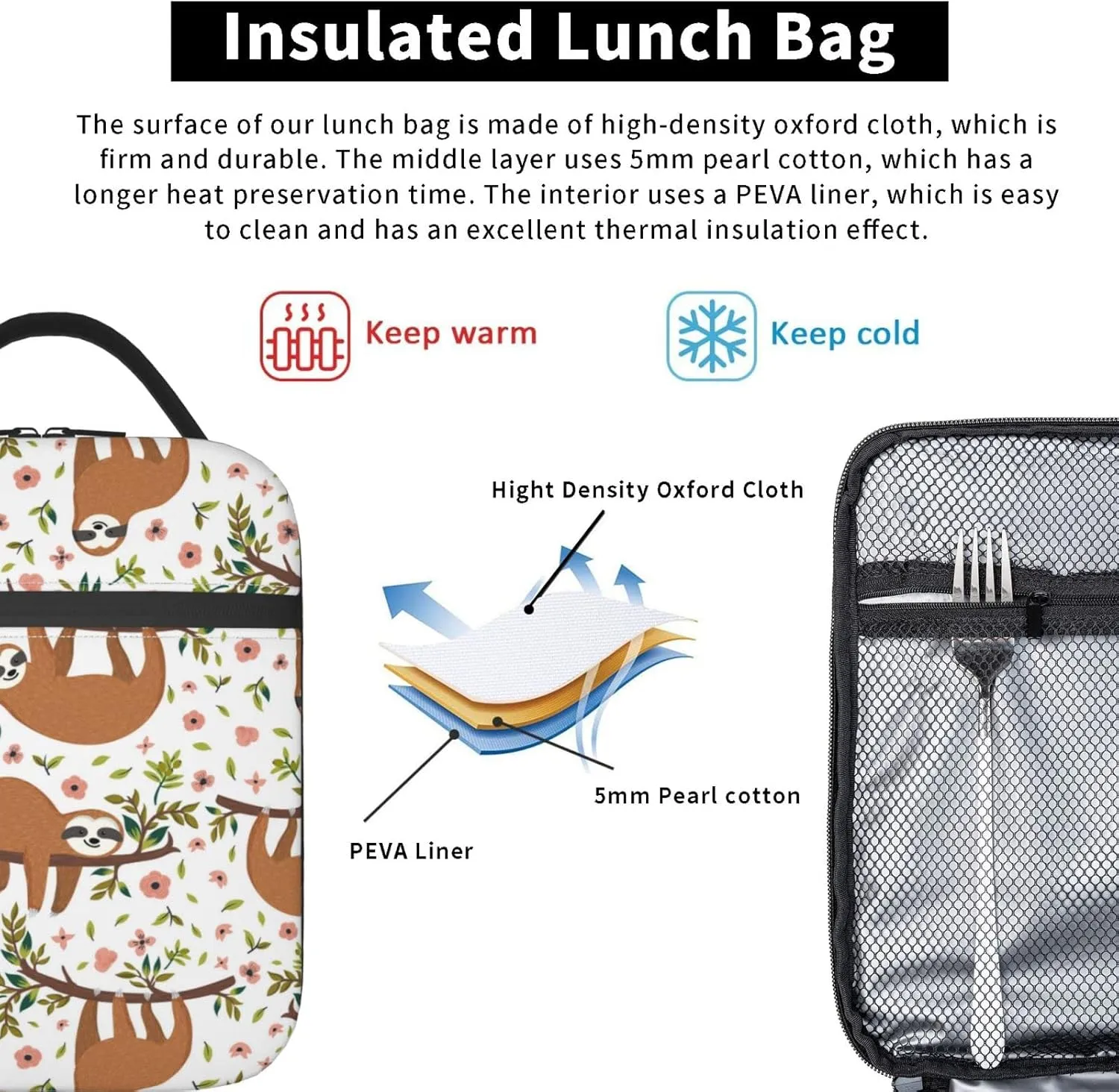YETTA YANG Sloth Cute Portable Lunch Bag Insulated Lunch Box Reusable Totes For Women Men Work Picnic Camping