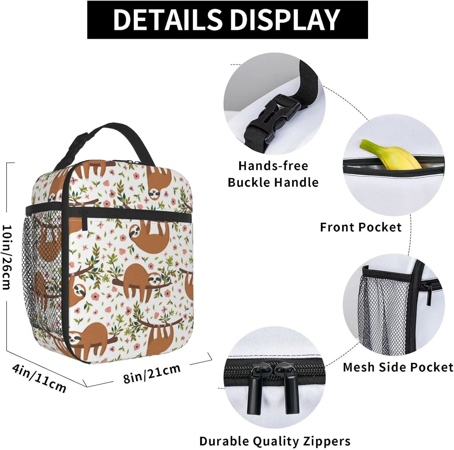YETTA YANG Sloth Cute Portable Lunch Bag Insulated Lunch Box Reusable Totes For Women Men Work Picnic Camping
