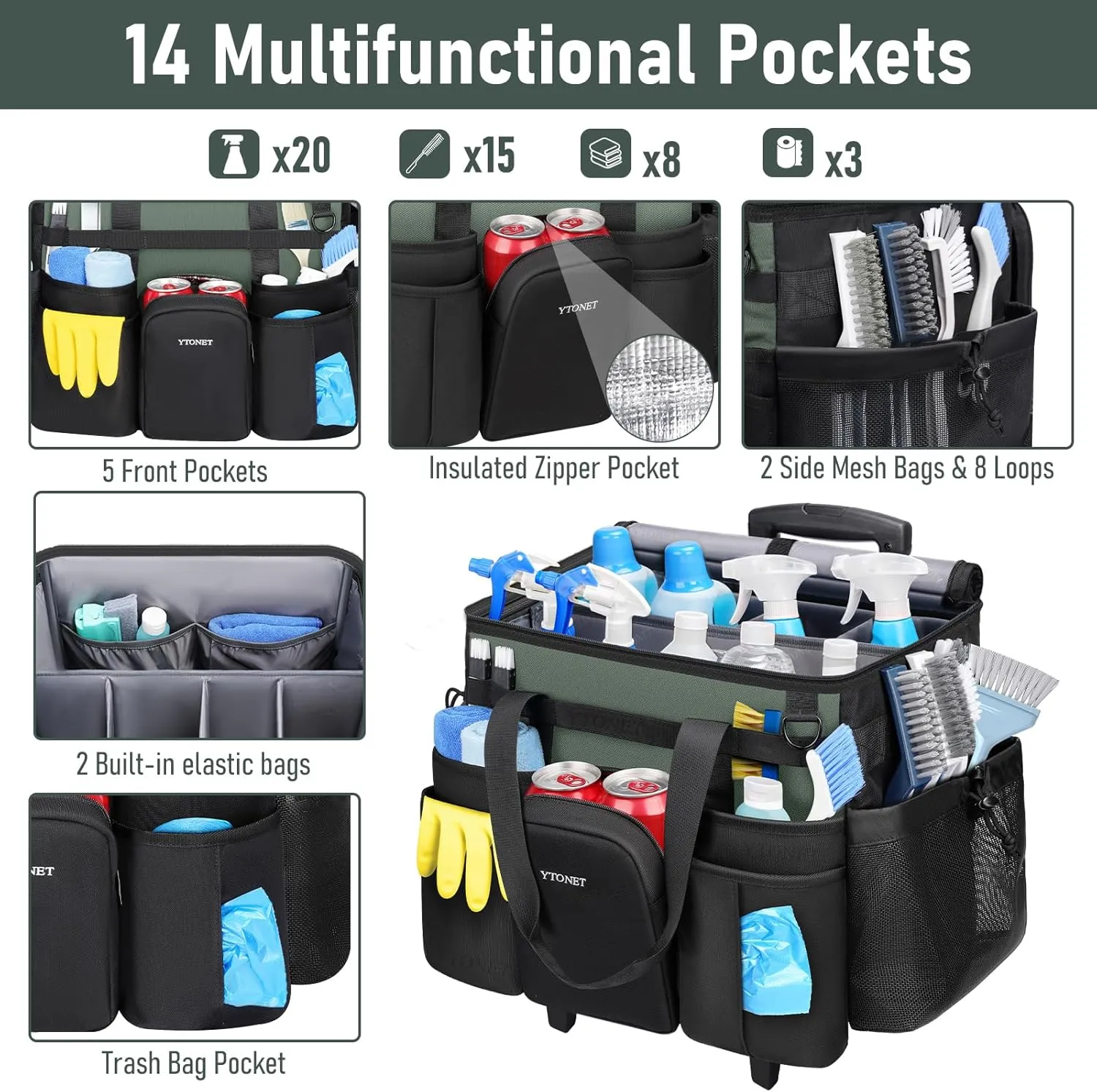 Ytonet Cleaning Caddy with Wheels, Large Rolling Cleaning Caddy Bag with Detachable Trolley for Housekeepers, Water Resistant Cleaner Supplies Organizer with Wheels for Kitchen, Car, Tool Organizer
