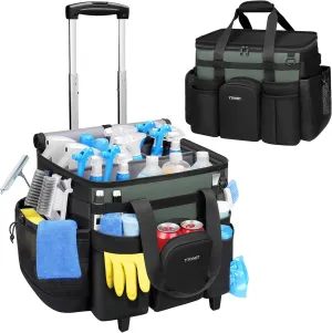 Ytonet Cleaning Caddy with Wheels, Large Rolling Cleaning Caddy Bag with Detachable Trolley for Housekeepers, Water Resistant Cleaner Supplies Organizer with Wheels for Kitchen, Car, Tool Organizer