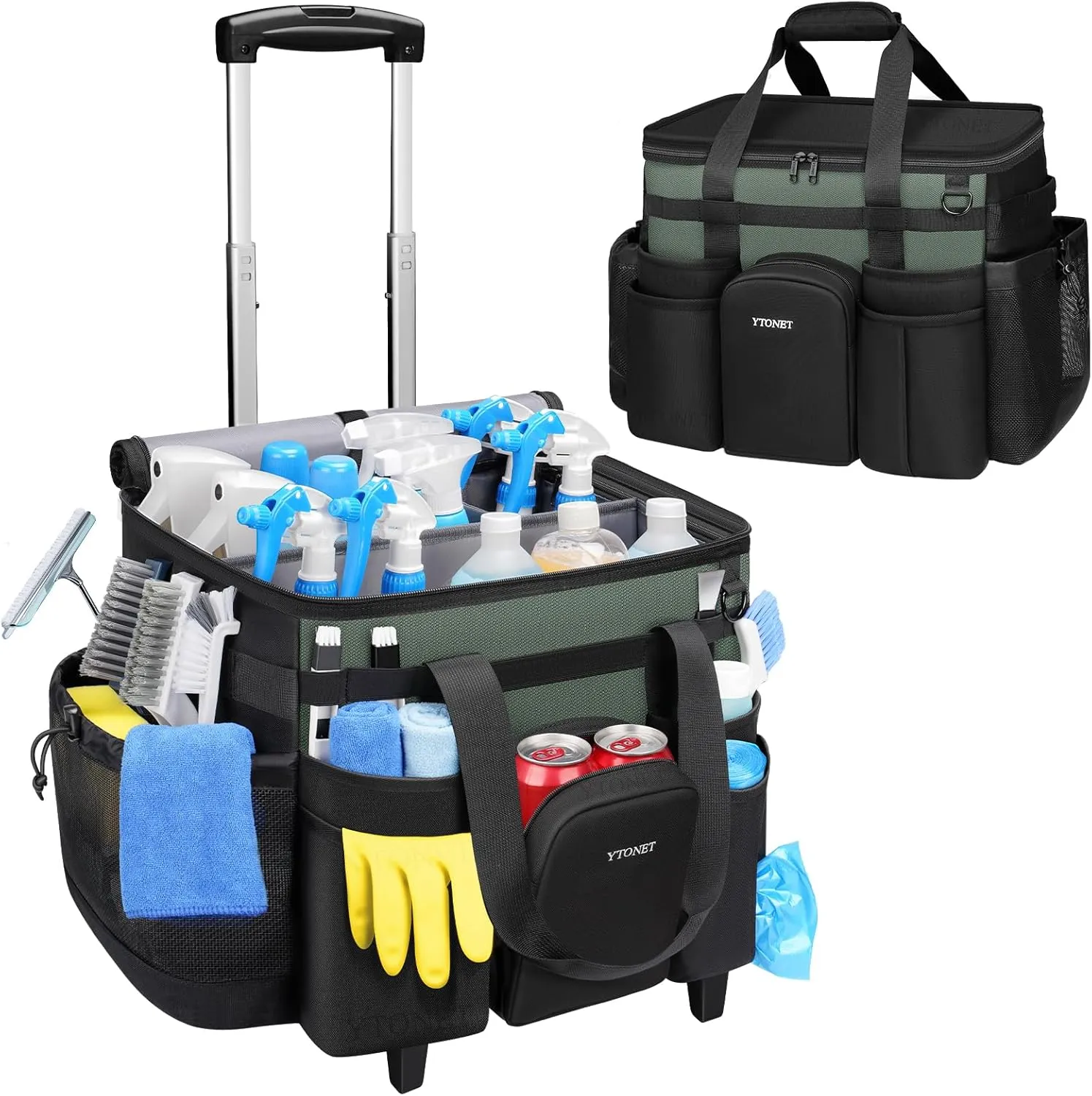 Ytonet Cleaning Caddy with Wheels, Large Rolling Cleaning Caddy Bag with Detachable Trolley for Housekeepers, Water Resistant Cleaner Supplies Organizer with Wheels for Kitchen, Car, Tool Organizer