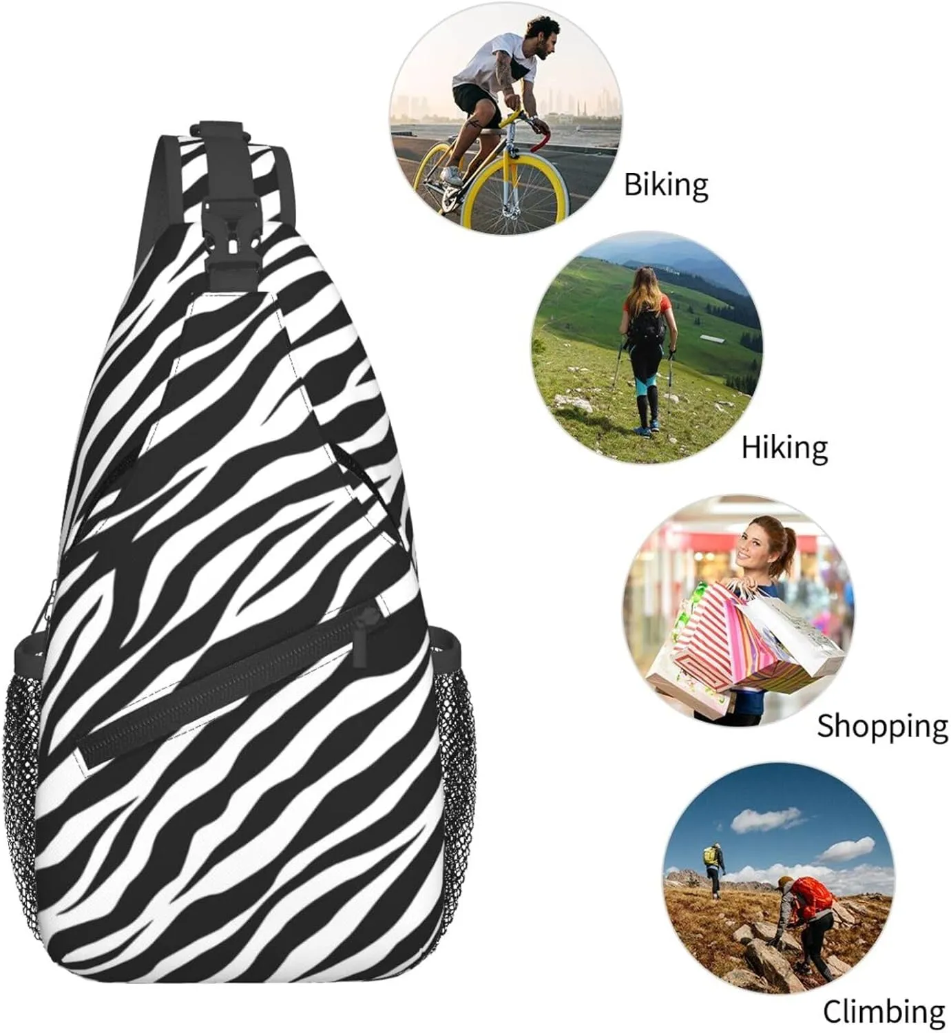 Zebra Print Sling Bag - Black and White Zebra Fur Pattern Crossbody Chest Shoulder Bag - Cute Animal Skin Backpack for Women and Men - Casual Gym Travel Hiking Daypack