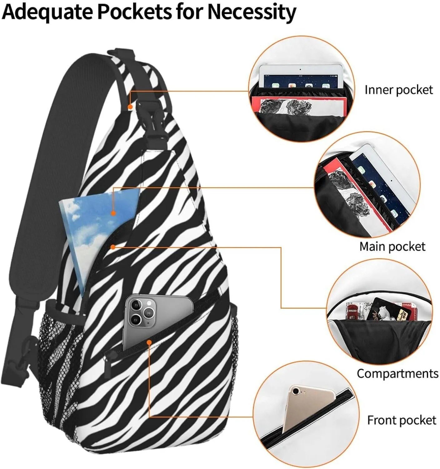Zebra Print Sling Bag - Black and White Zebra Fur Pattern Crossbody Chest Shoulder Bag - Cute Animal Skin Backpack for Women and Men - Casual Gym Travel Hiking Daypack