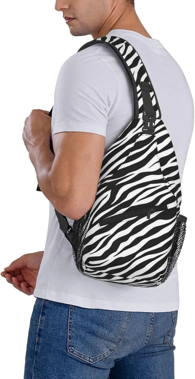 Zebra Print Sling Bag - Black and White Zebra Fur Pattern Crossbody Chest Shoulder Bag - Cute Animal Skin Backpack for Women and Men - Casual Gym Travel Hiking Daypack