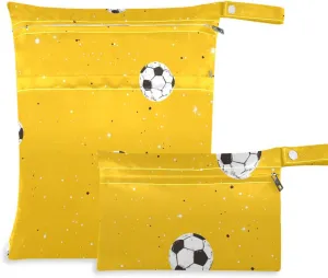 zippered bag for traveling 2 Pack diaper bag essential items with handles for beach, bathing (Minimalist Soccer Yellow Pattern)