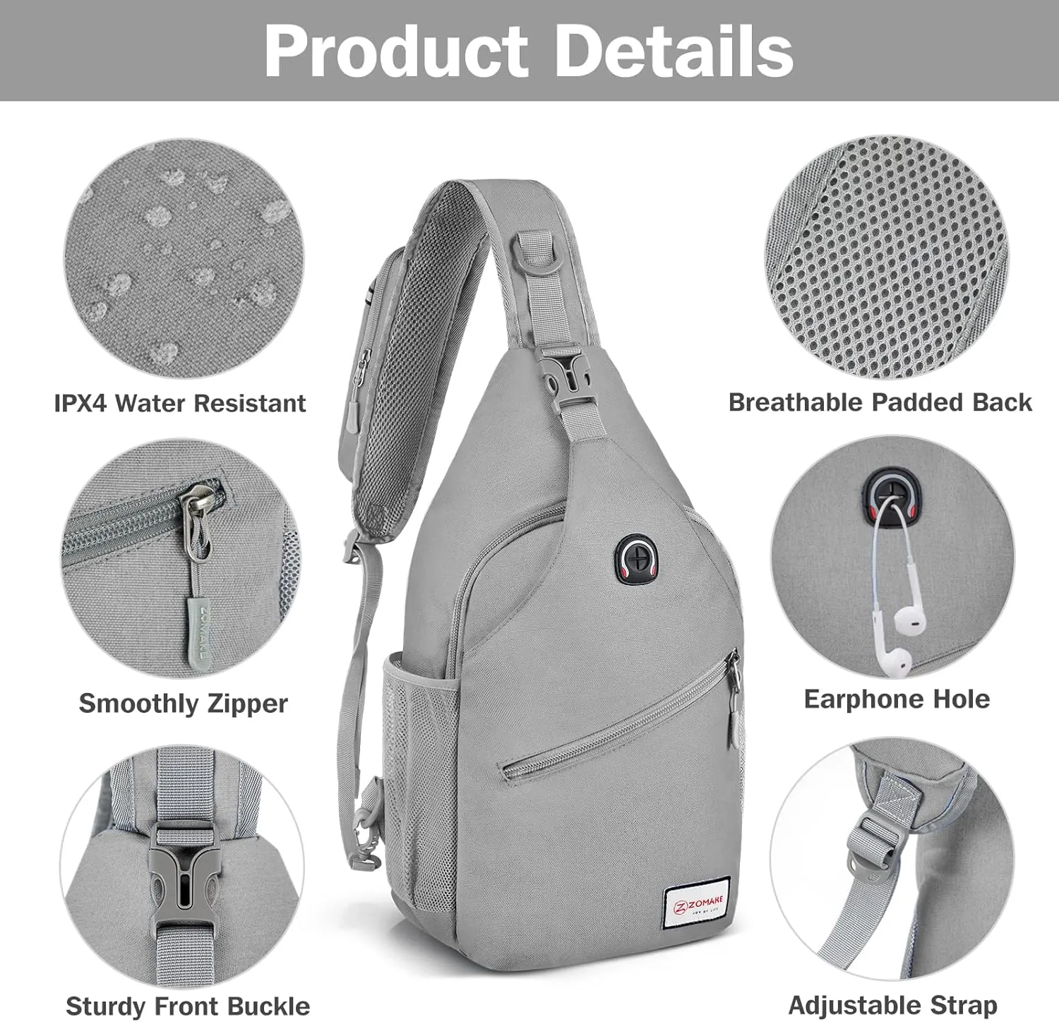 ZOMAKE Sling Bag for Women Men, Small Crossbody Sling Backpack, Mini Water Resistant Shoulder Daypack for Travel, Anti Thief Chest Bag for Hiking, Sports, Grey(new)