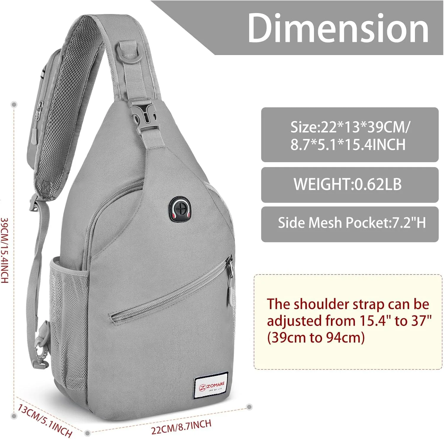 ZOMAKE Sling Bag for Women Men, Small Crossbody Sling Backpack, Mini Water Resistant Shoulder Daypack for Travel, Anti Thief Chest Bag for Hiking, Sports, Grey(new)