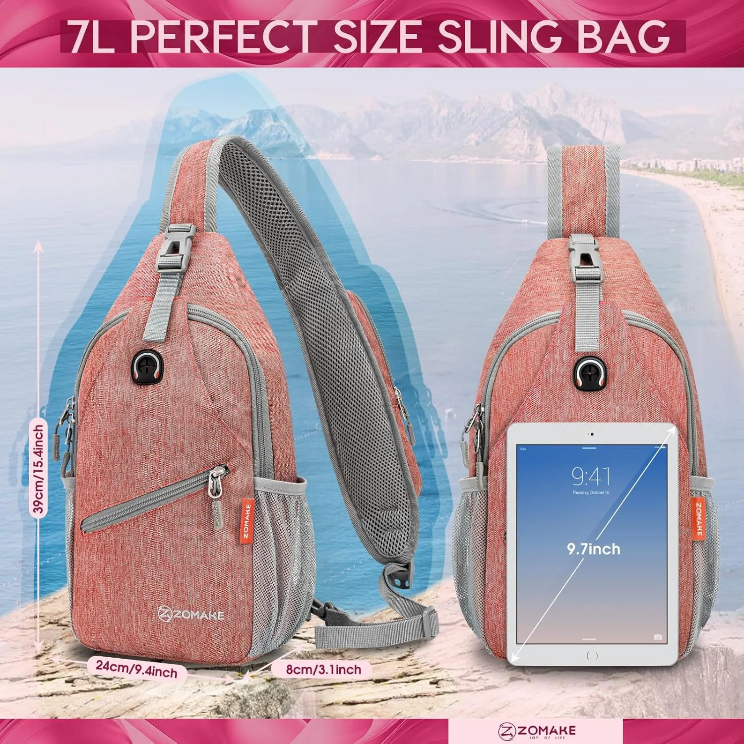 ZOMAKE Small Sling Bag, Travel Sling Backpack, Waterproof Hiking Cycling Crossbody pack for Men Women(Orange)