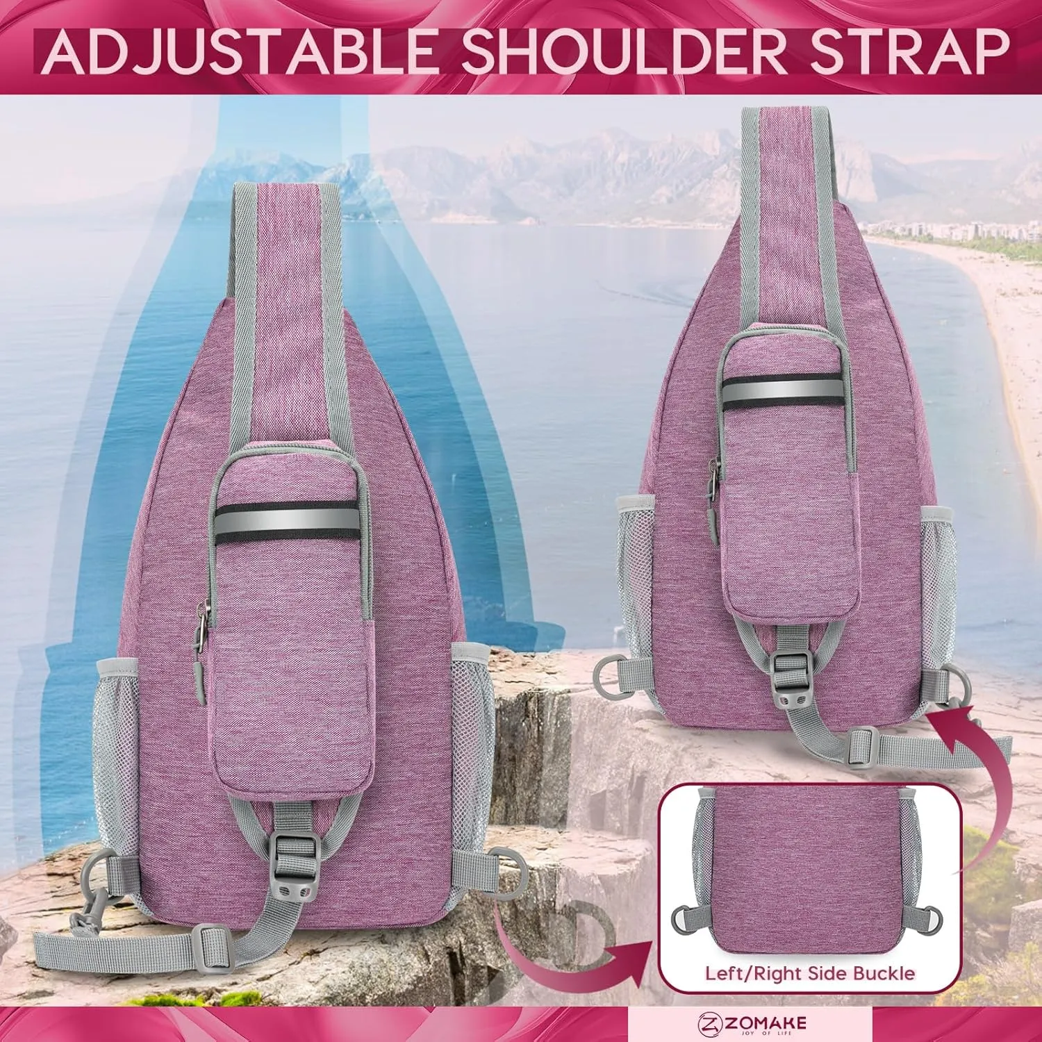 ZOMAKE Small Sling Bag, Travel Sling Backpack, Waterproof Hiking Cycling Crossbody pack for Men Women(Purple)