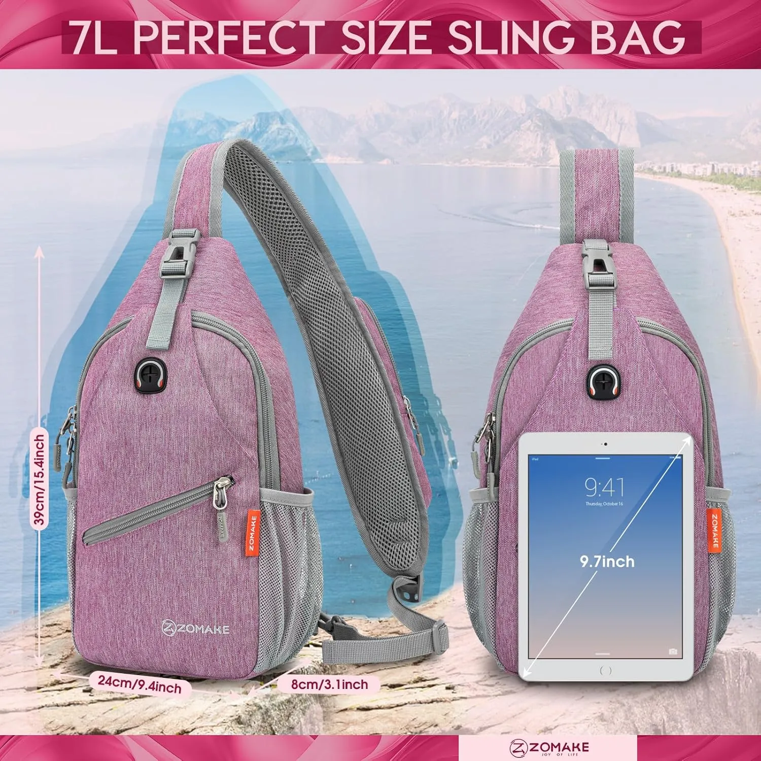 ZOMAKE Small Sling Bag, Travel Sling Backpack, Waterproof Hiking Cycling Crossbody pack for Men Women(Purple)