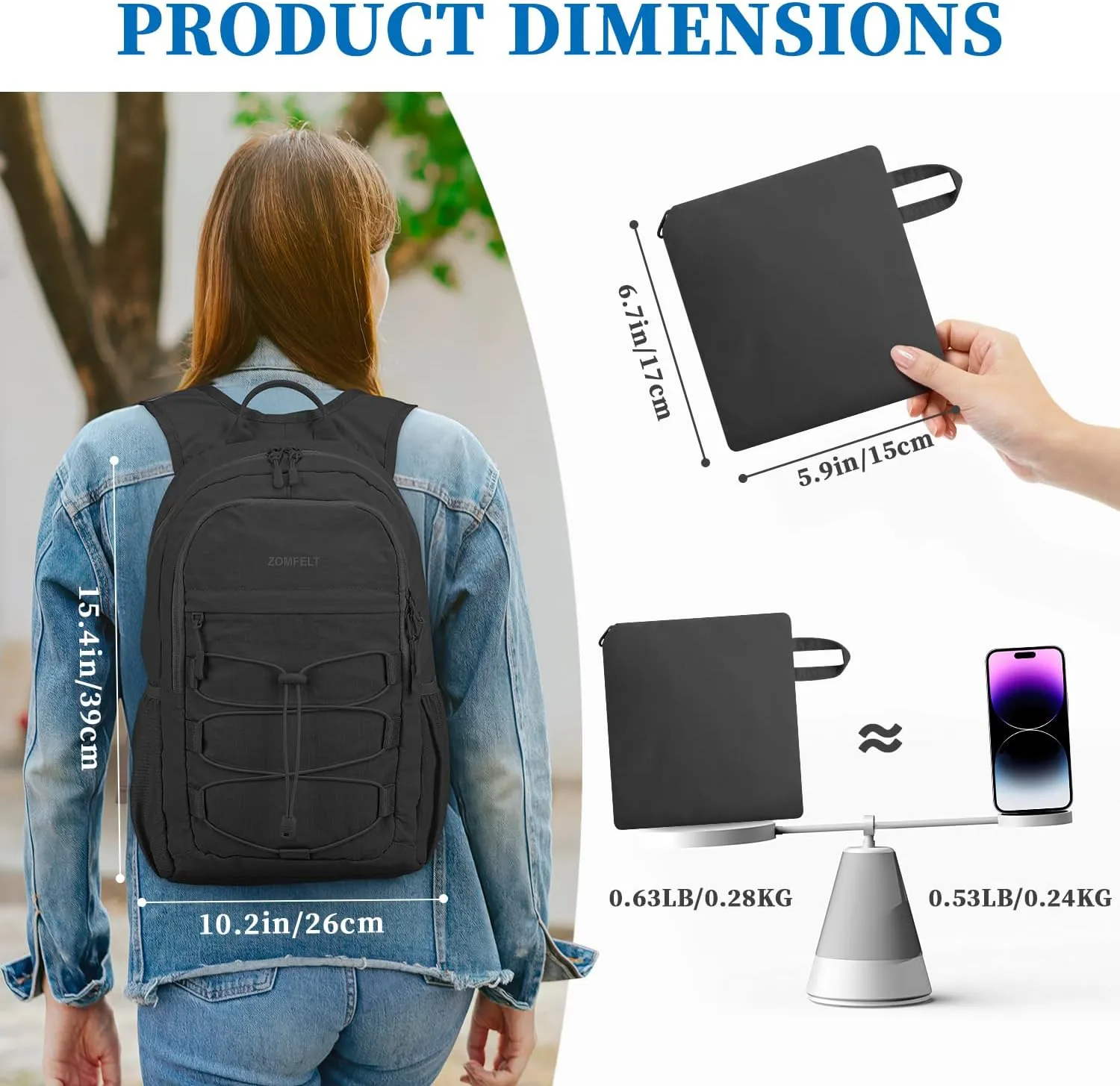 ZOMFELT Hiking Backpack for Women Men, 15L Packable Small Travel Backpack for Trip, Water Resistant Lightweight Backpacks